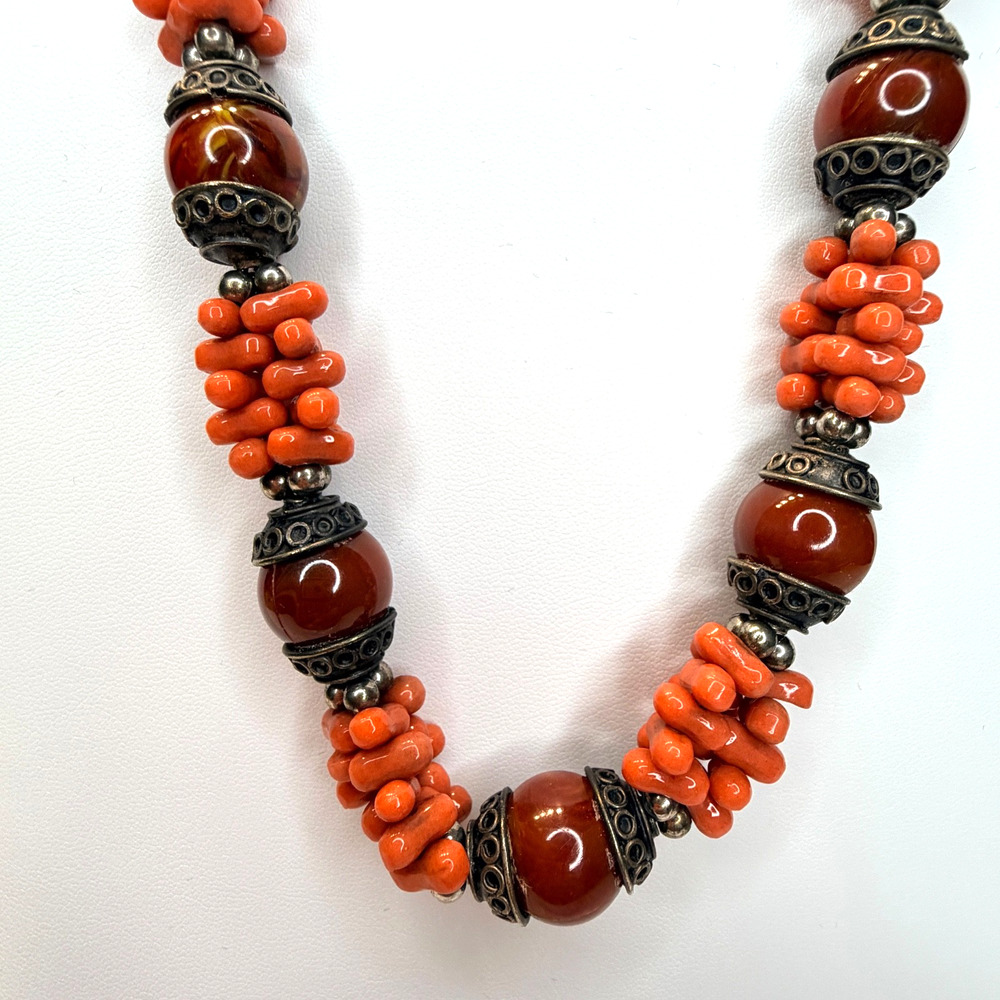 Vintage Tribal Faux Coral & Carnelian Statement Necklace | Boho Ethnic Beaded - Picture 11 of 14
